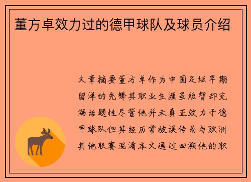 董方卓效力过的德甲球队及球员介绍