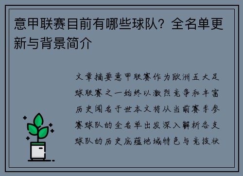 意甲联赛目前有哪些球队？全名单更新与背景简介